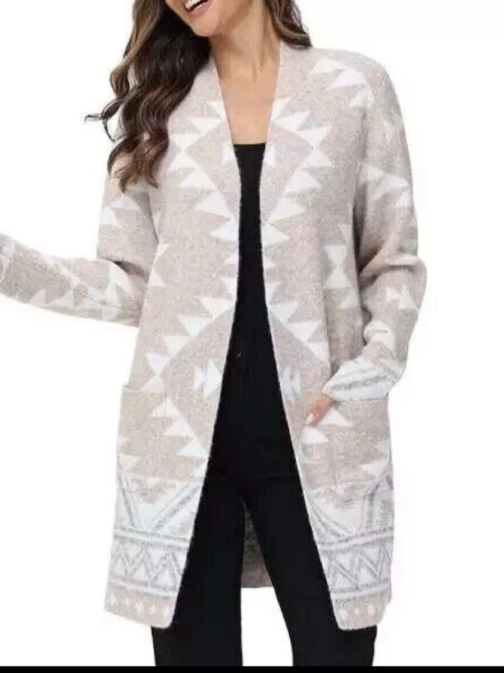 Frye Taupe & White Aztec Open-Front Cardigan